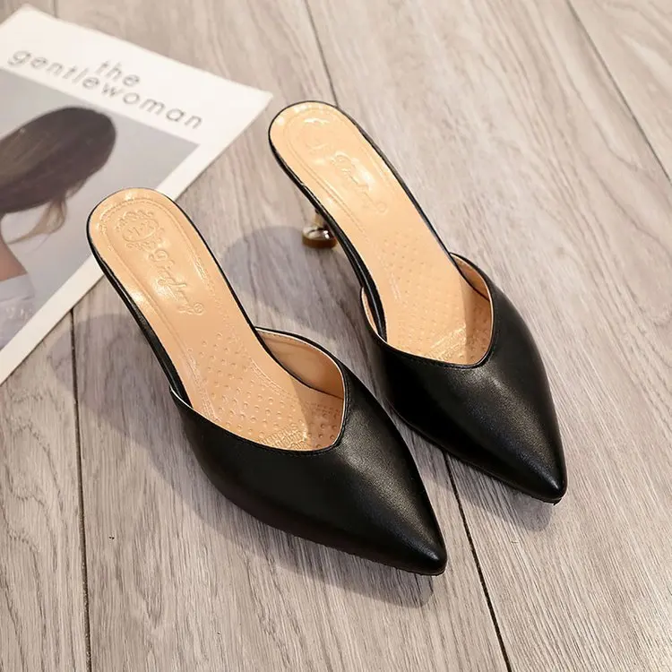 

Slippers Casual Female Shoes Women Heels Pointed Toe Slides Low Med Luxury 2021 High Thin Cover Pumps Rome Basic Rubber PU