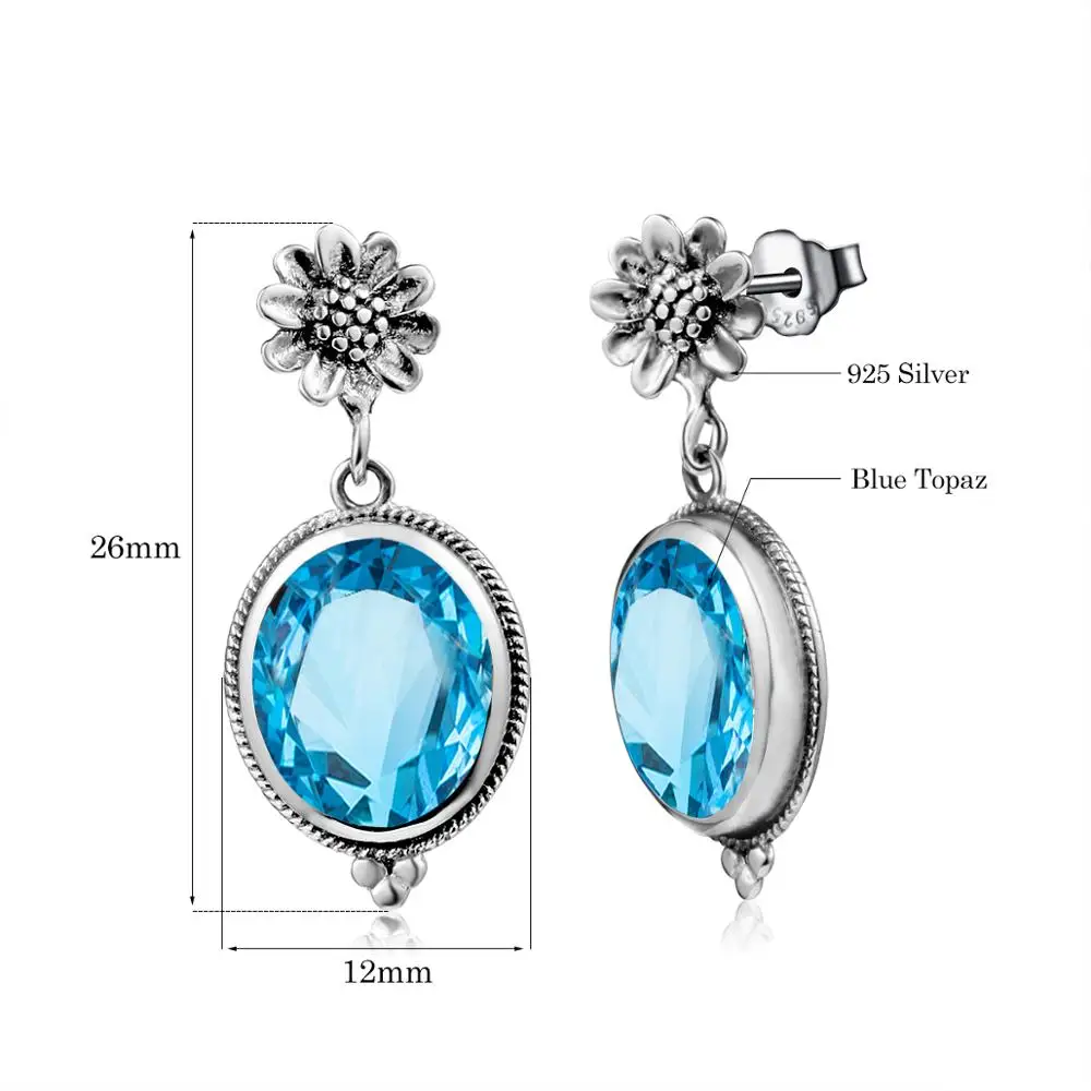 

Silver Chakra Silver 925 Earrings Big Gemstone Blue Topaz Vintage Silver Earrings 925 Women Flower Carved Fine Jewelry Party New