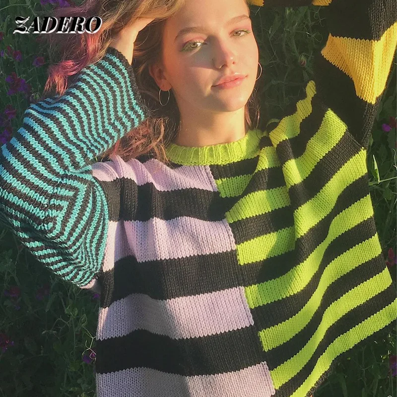 

Retro Candy Color Striped Asymmetric Stitching Sweater Women New Casual Pullover Sweater 2021 Fashion Sweet Y2k Loose Sweater
