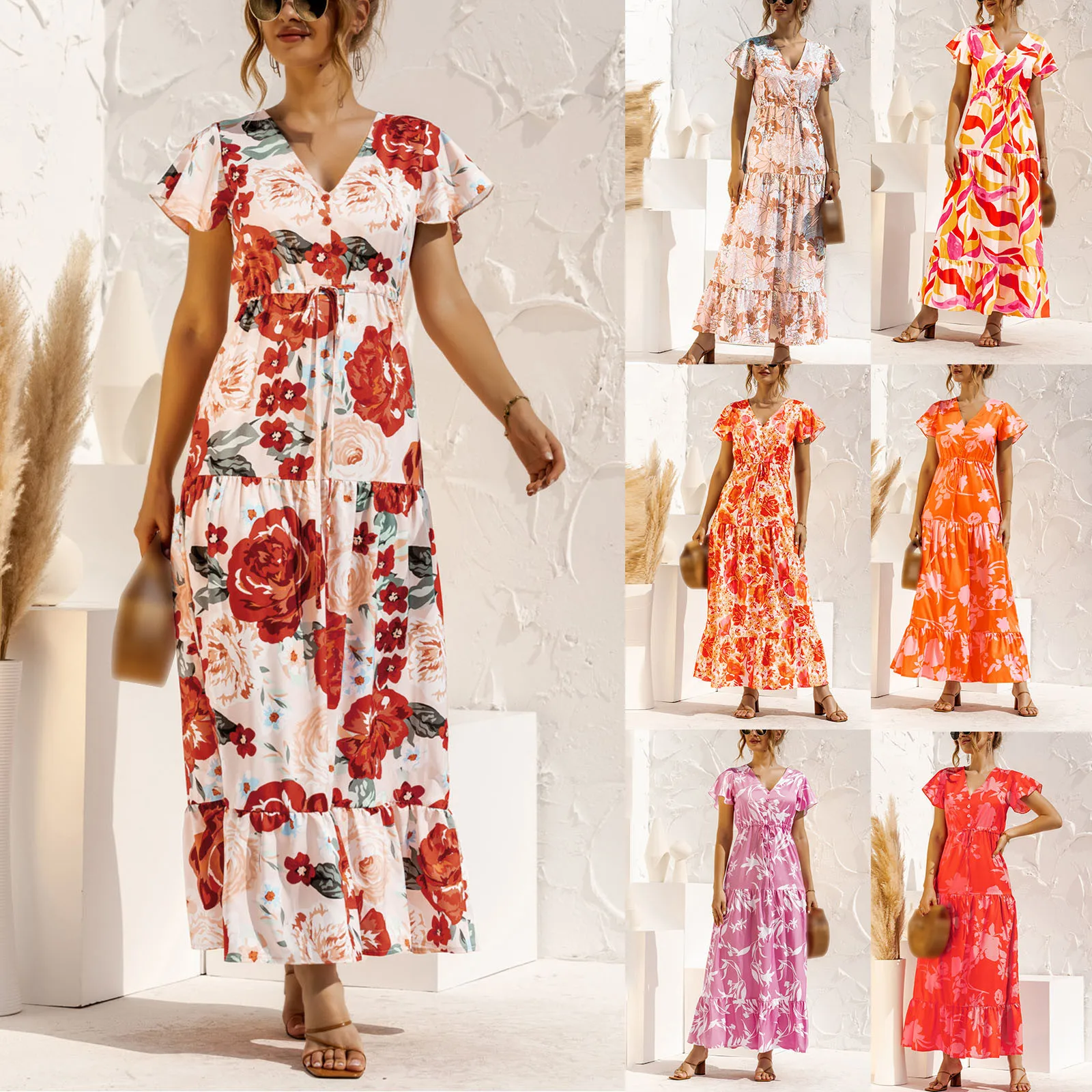 

Women's Maxi Dress Fashion Short Sleeve Casual V-neck Floral Print Lace Dress Fashion Female Beach Long Dresses#35