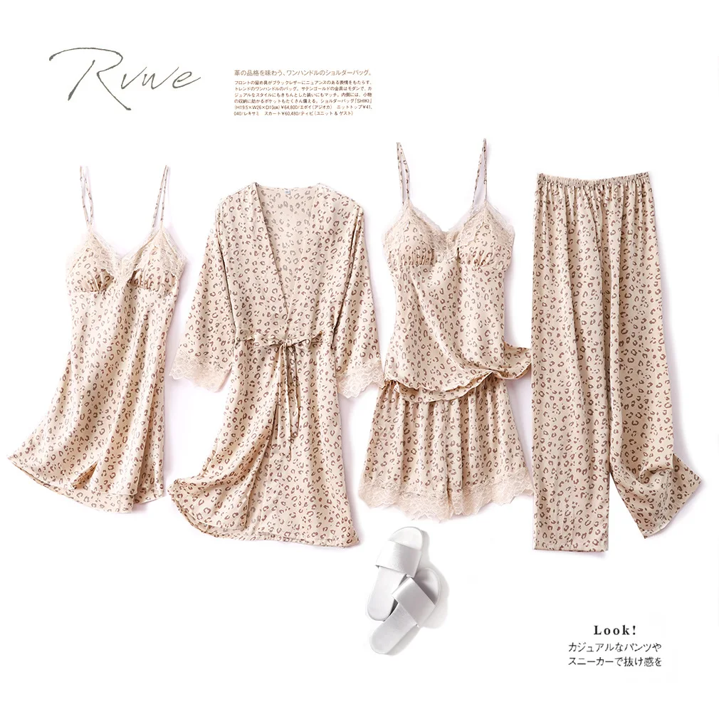 

Printed Leopard 5pcs Pajamas Set Women Sleepwear Spring Lace Nightgown Sexy Comfortable Silky Soft Nightwear Casual Home Clothes