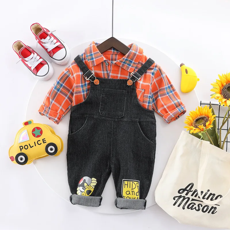 

New Spring Baby Girls Fashion Cute Clothing Suits Kids Boys Plaid Long Sleeve T-shirt+Cartoon Denim Rompers Toddler Autumn Sets