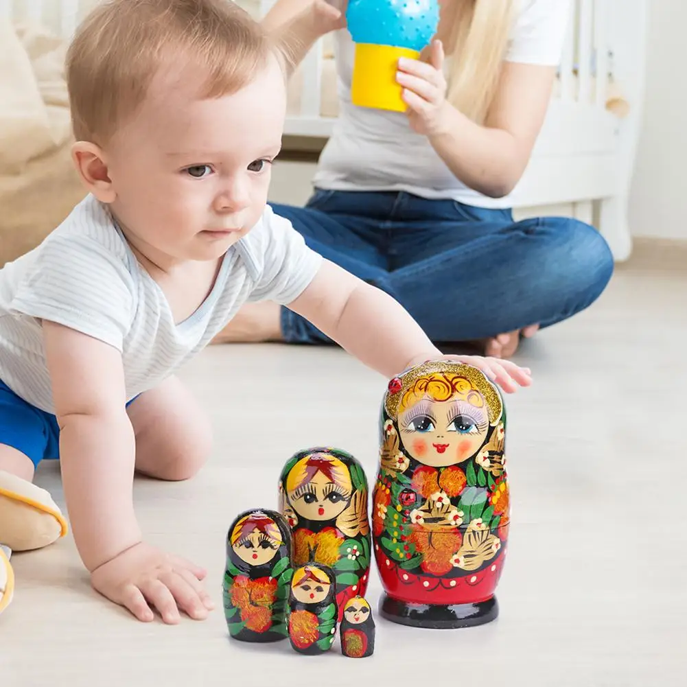 

5pcs Russian Doll Handmade Painted Set Toy Creative Nesting Dolls Wishing Girl Wooden Russian Doll Home Decoration Kids Gifts