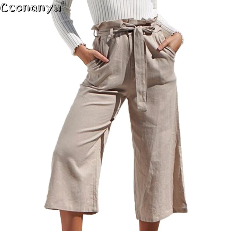 

Women High Waist Sashes Flare Pants 2020 Spring Cotton Loose Linen Pleated lace up pants OfficeTrousers Female Pants