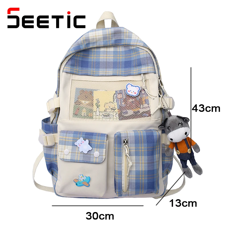 

SEETIC College School Bag Female Kawaii Nylon Waterproof Backpack Women Anti-Theft Backpack Ladies Multi-Pocket Travel Backpack