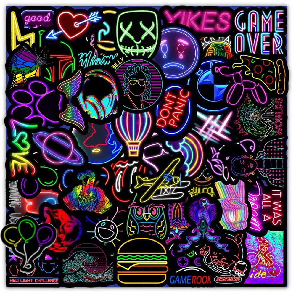 

10/30/50PCS Cartoon Neon Light Graffiti Stickers Car Guitar Motorcycle Luggage Suitcase DIY Classic Toy Decal Sticker for Kid