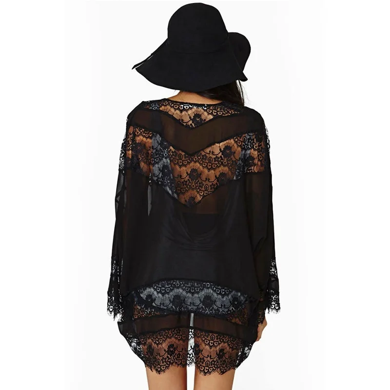 Женская Пляжная накидка Черная кружевная вязаная крючком кардиган с длинным