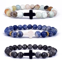 trendy jesus cross charm blue turquoises men bracelet black lava stone 8mm white beads bracelets bangles for women yoga jewelry