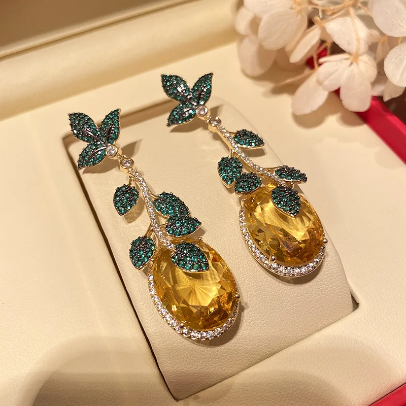 

Bilincolor Fashion Green Leaf and Yellow Cubic Zircon Vintage Luxury Drop Earring for Women Wedding Jewelry