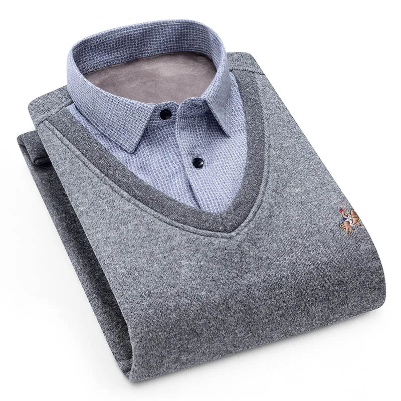 

Aoliwen men Sweater cardigan Shirt collar Plus velvet thickening Winter long sleeves shirts Cashmere dress Home shirt sweater