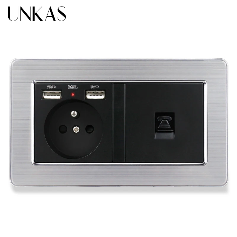 Штепсельная розетка UNKAS из нержавеющей стали с матовым серебристым корпусом