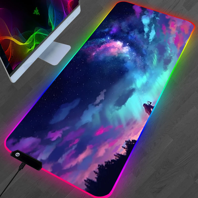

Rgb Mousepad Mouse Mats Pad Large Anime Sky Kawaii Gamer Keyboard Backlit Table Mat Xxl Desk Accessories Beautiful Starry Ped Xl