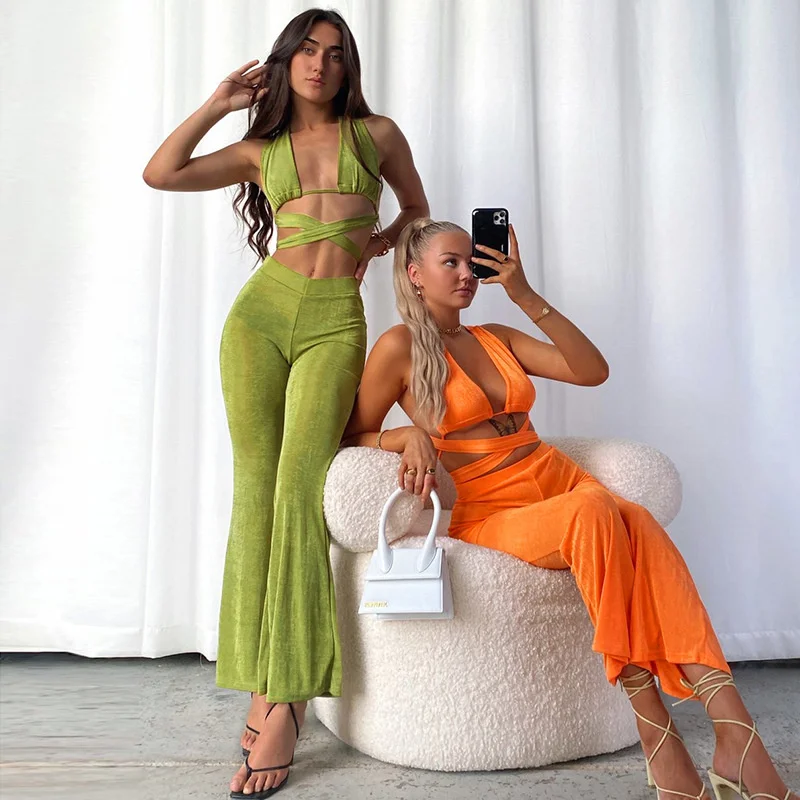 

Bandage Backless Two Piece Set Women Sexy Bodycon V Neck Crop Top Pants Sets 2021 Summer Solid Hollow Out 2 Piece Set Outfits