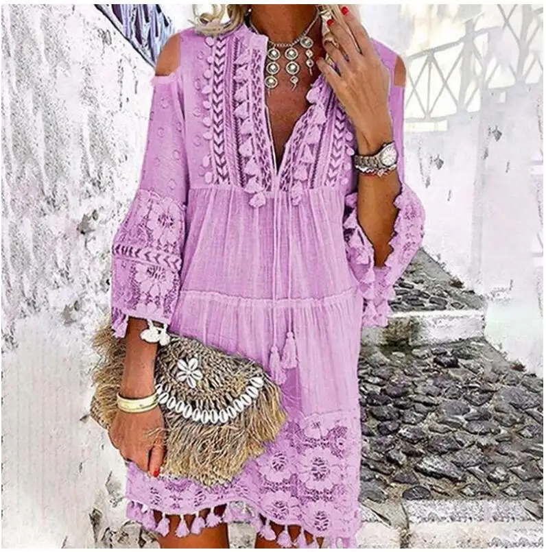 

Women's Shift Dress Long Sleeve Tassel Fringe Lace Robe Strapless Deep V-Neck Female Dress Summer Casual Boho Vacation Dresses