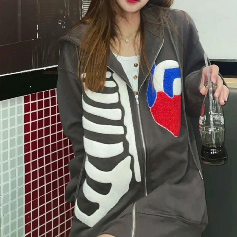 

Свитшот в стиле хип-хоп, худи с принтом в виде черепа, скелета, сердца, Осенний Топ в стиле панк, Харадзюку, винтажная серая эстетичная толсто...