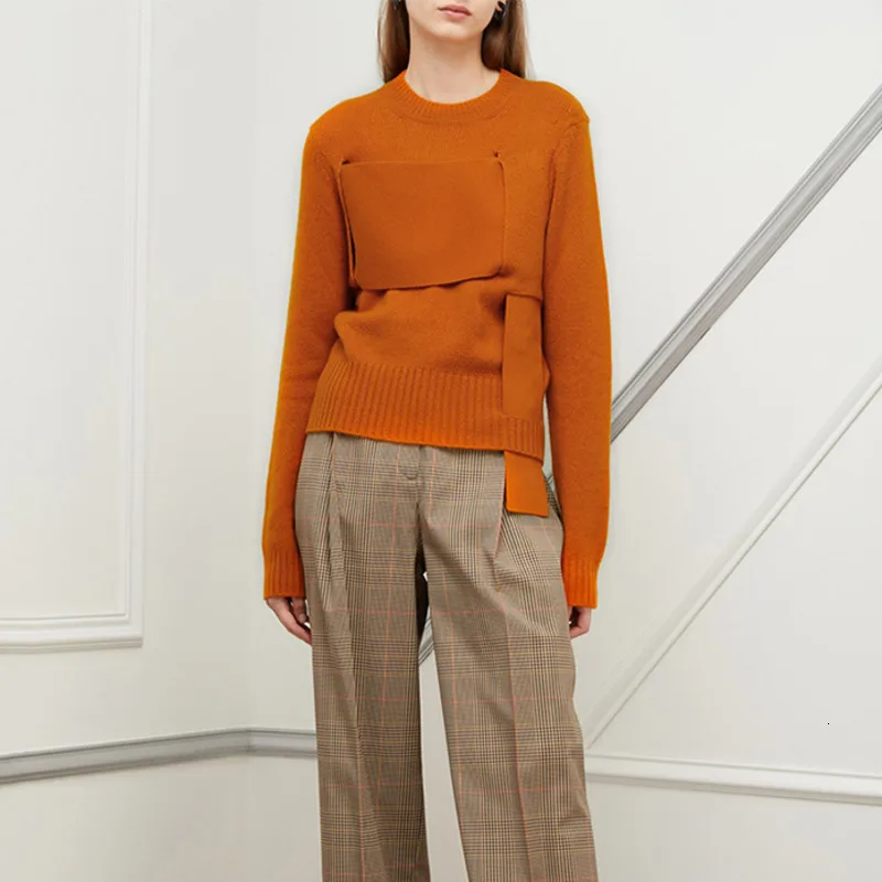 LANMREM 2020 round neck full sleeves spliced knits cross body short pullover mohair high quality sweaters WJ40301L | Женская одежда