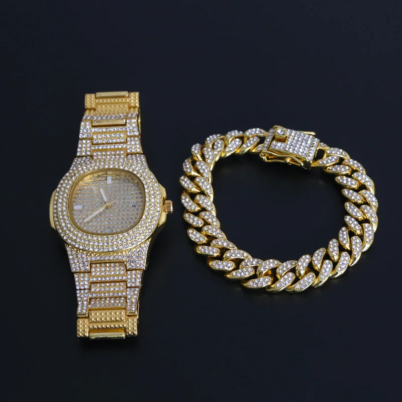 Мужские браслеты в стиле хип-хоп, украшенные кристаллами, цепочка Майами, золотого и серебряного цвета, мужские часы + браслет, роскошный хип... от AliExpress WW