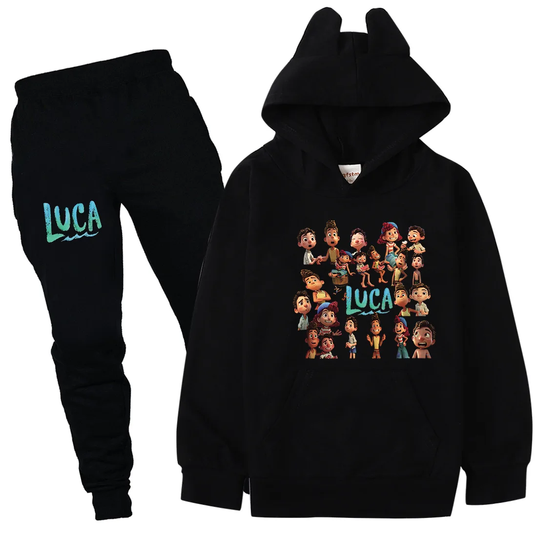 

Kids Boys Cartoon Luca Print Hooded Sweatershirts Pants Suit New Baby Boy Spring & Autumn Clothes Cute Cat Ears Sportswear Sets