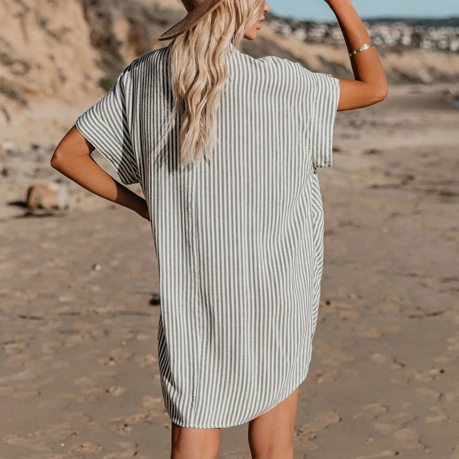 

Fashion Women Summer Casual Waist Tie Up Stripe Ladies Summer Casual Button Slim Tie Striped Shirt Short Sleeve Mini Dress