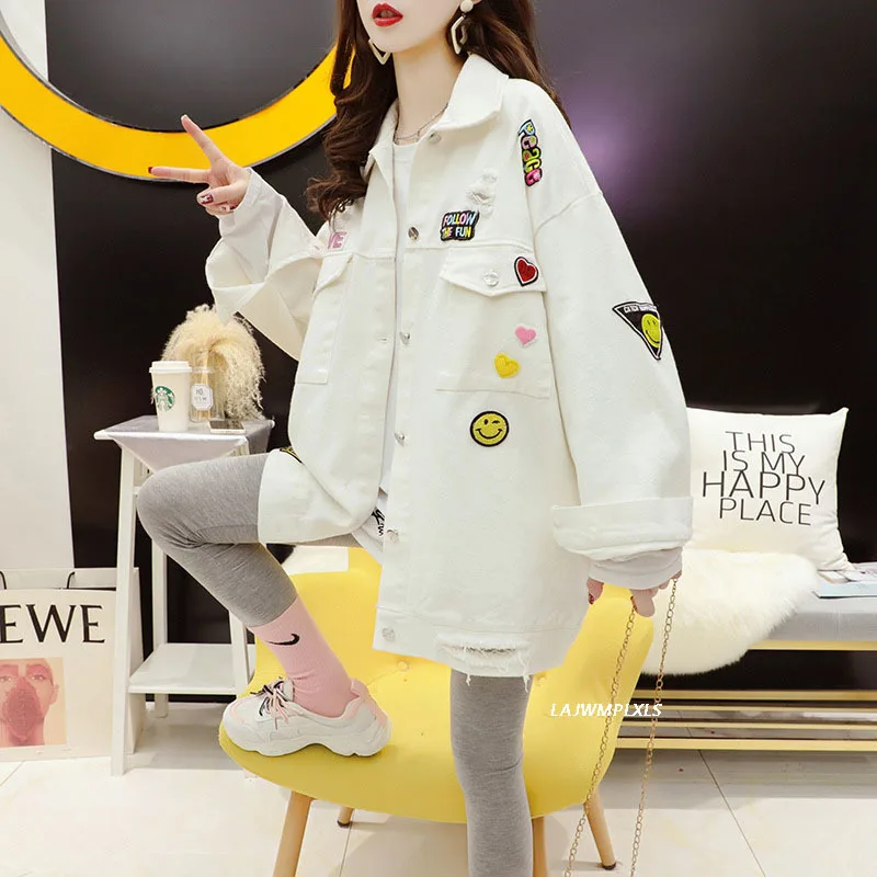 

Streetwear Spring Autumn Denim jacket Women Loose Korean style 2021 New embroidery Bomber Coat