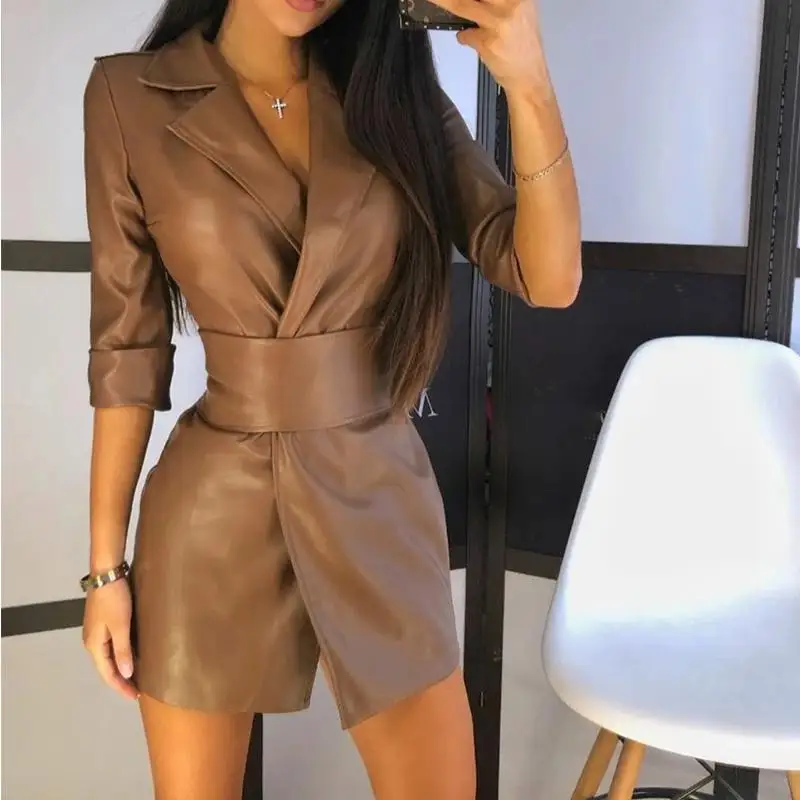 

Spring PU Leather Irregular Women Mini Dress Three-thirds Notch Belt Women Dress Solid Color Street Casual Ladies Clothing 2021