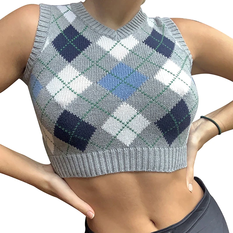 

V Neck Vintage Sweater Vest Women Black Sleeveless Plaid Knitted Crop Sweaters Casual Autumn Preppy Style