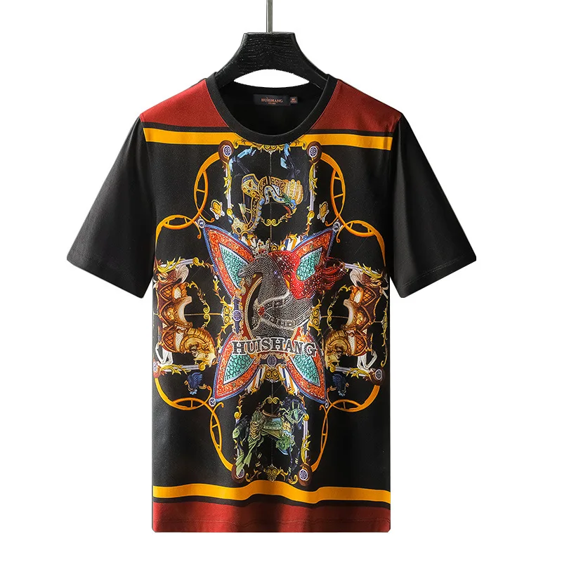 

2021 Summer Fashion Rhinestones Printed T Shirt Mens Streetwear Mercerized Cotton O Neck Short Sleeve Tshirts Camiseta Masculina