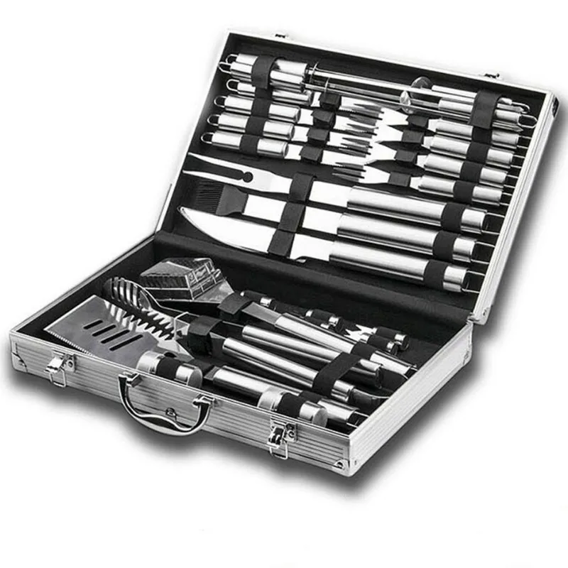 Stainless Steel BBQ Tools Set Barbecue Grilling Utensil Accessories Camping Outdoor Cooking Kit with Aluminum Box |