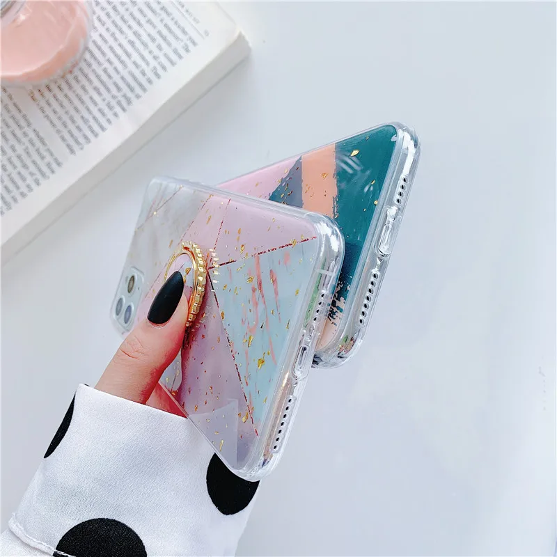 

Gold Sequin Geometric Ring Stand Phone Case For iPhone 12 11 Pro Max 12 Mini XR X XS Max 7 8 Plus SE 2020 Soft Epoxy Back Cover