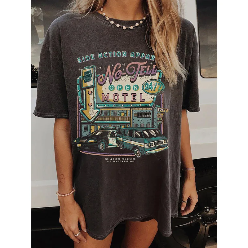

Vintage Letters Car Pattern Printing Loose T-shirt Gray O-neck Fashion Women ShortsLeeve Summer New Breath Female Clothing