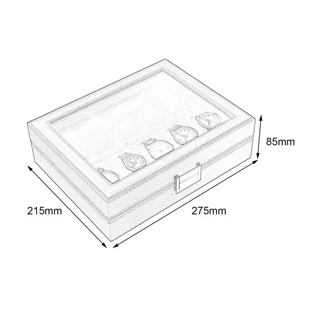 

GENBOLI 10 Grids Carbon Fibre Pattern Watch Box Watch Holder Storage Box Jewelry Display Rectangle Black Color Case