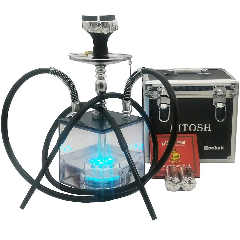 للبيع DITOSH طقم شيشة أكريليك مكعب هوكا 2 خراطيم شيشة انبوب ماء مع كشاف ليد محمول Narguile Chicha إكسسوارات مع صندوق