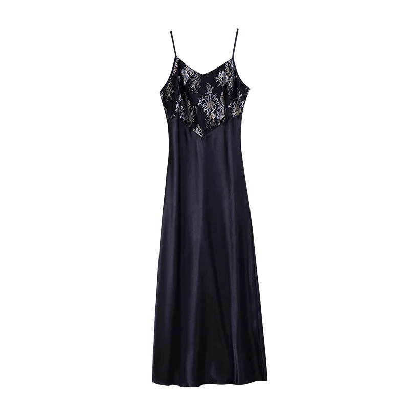 

Nightdress Women Spring And Summer Silk Thin Section Sexy V-Neck Strap Sleepwear Female Mid-Length Dress Dressing Gown