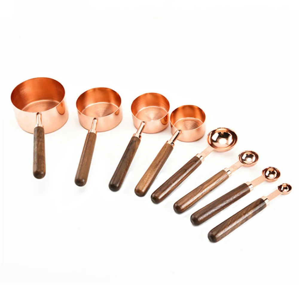 

8pcs/1set Realand Rose Golden Copper Stainless Steel Measuring Cups And Spoons With Wood Handle For Liquid And Dry Ingredients