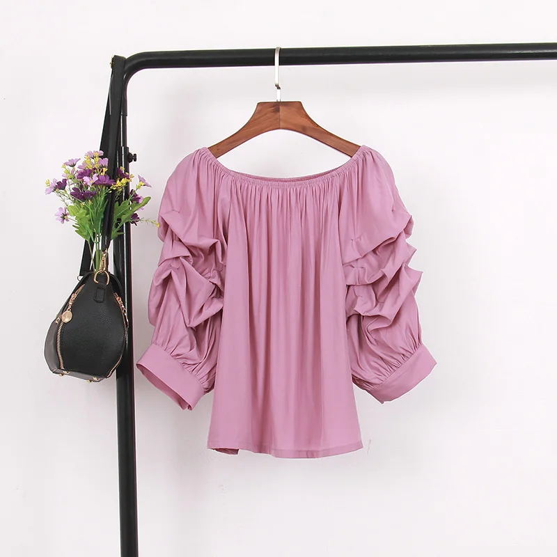 

Весной и летом одна линия воротник без бретелек рукав «три четверти»; Рубашка Женская фонарь рукав все-матч сплошной Цвет Топ UK017