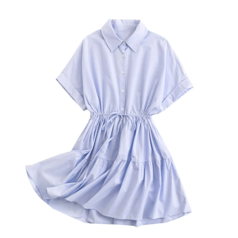 

Summer Women Raglan Sleeve Waist Drawstring Mini Dress Female Turndown Collar Clothes Casual Lady Loose Vestido D7530