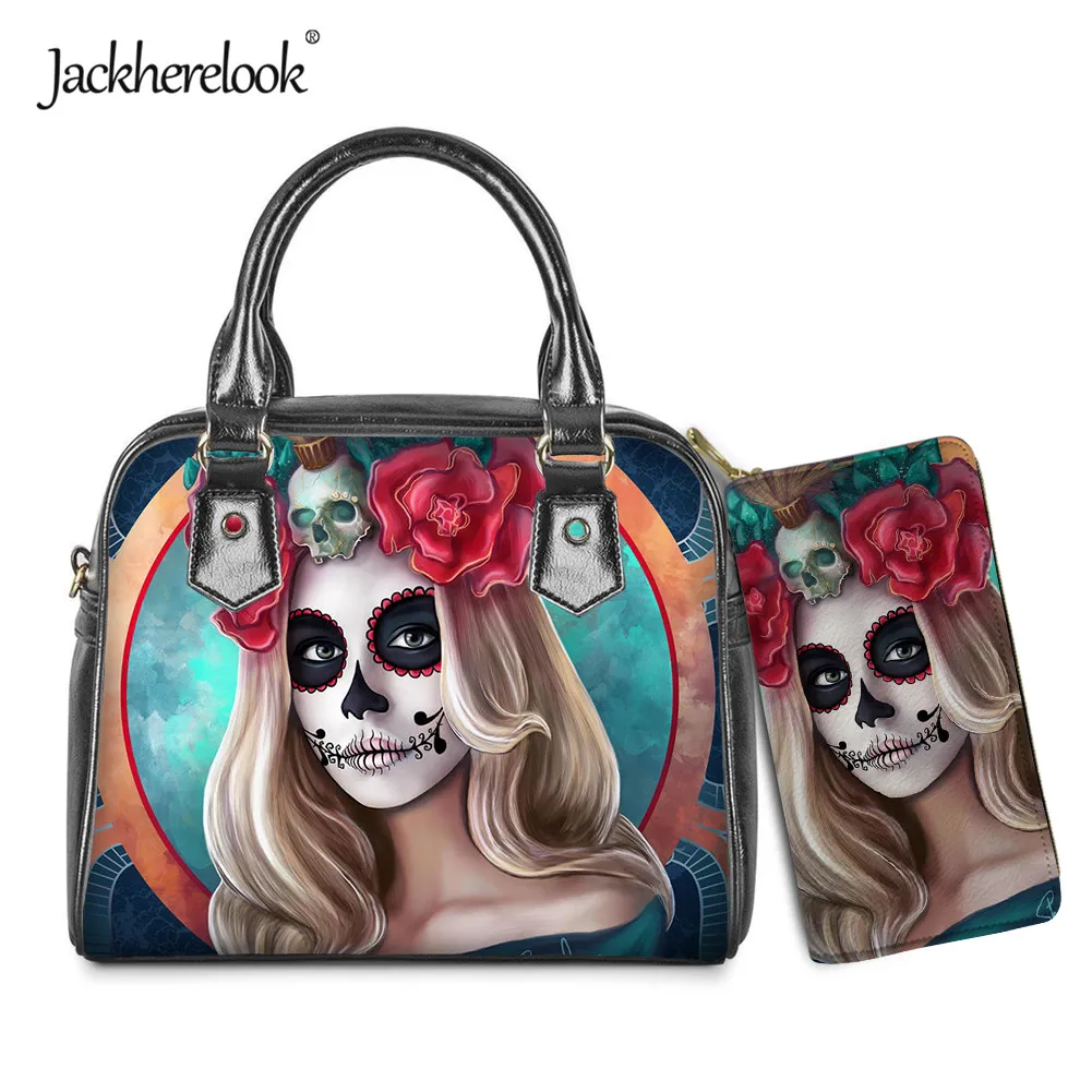 

Jackherelook Gothic Skull Girl Design Womens Shoulder Bag Purse 2pcs/Set Luxury PU Handbag for Lady Girls Wallet Bolsos Mujer