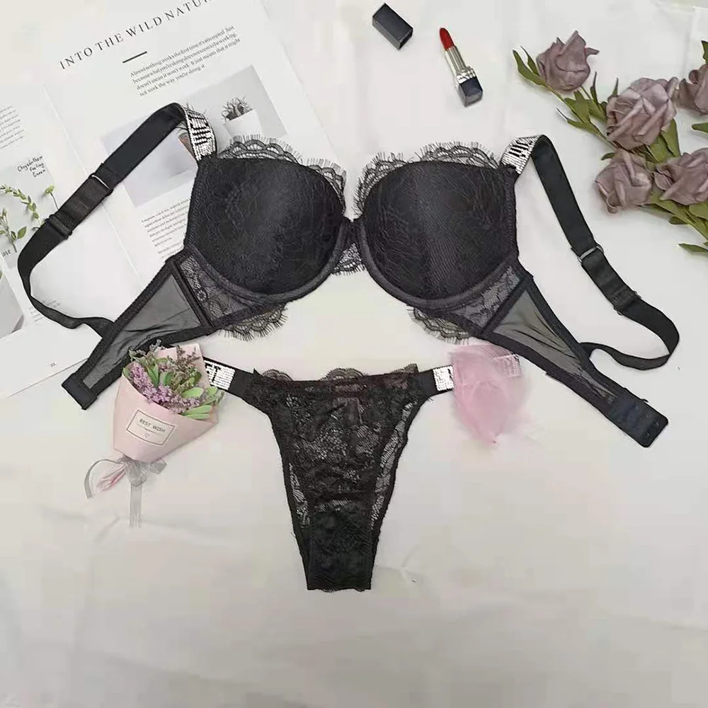 

Hot Sexy Lace Secrets Women Lingerie Letter Rhinestone Bikini Thong Push Up Bra Panty 2 Piece Adjustable Women Underwear Set