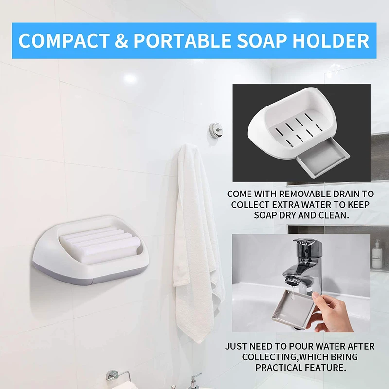 

Soap Dish Holder Adhesive Wall Mounted Dual Soap Case with Drain Keep Soap Bar Dry Clean for Bathroom Shower