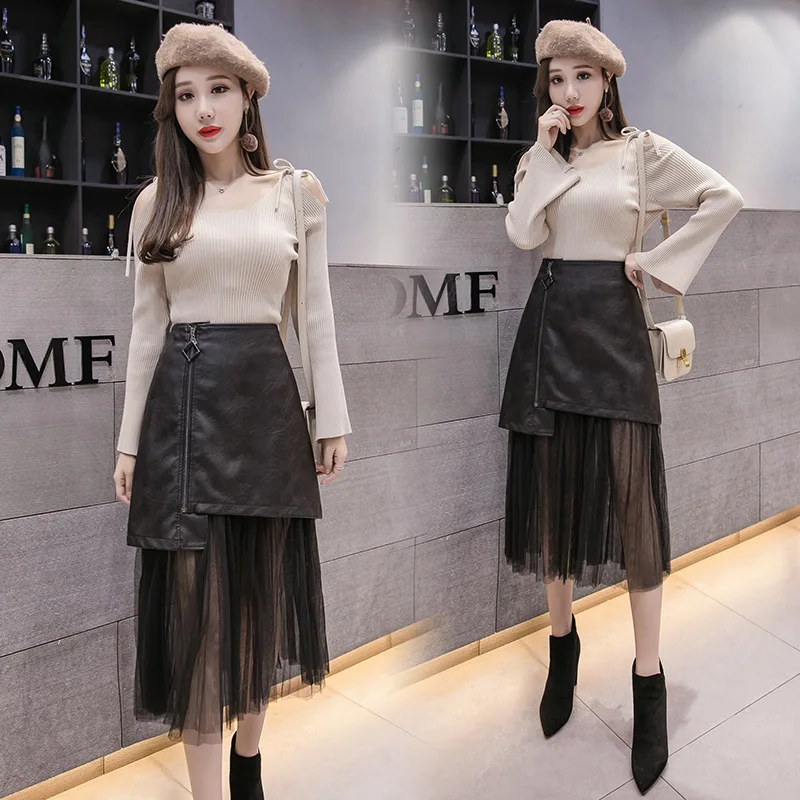 Сексуальная сетчатая юбка женские юбки зимняя одежда 2020 корейские кожаные