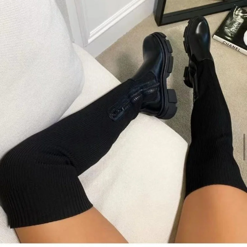 

Плоские suela gruesa para mujer, botas altas hasta el muslo, transpirables, Пунта-круглая эластичная, talla grande 43,