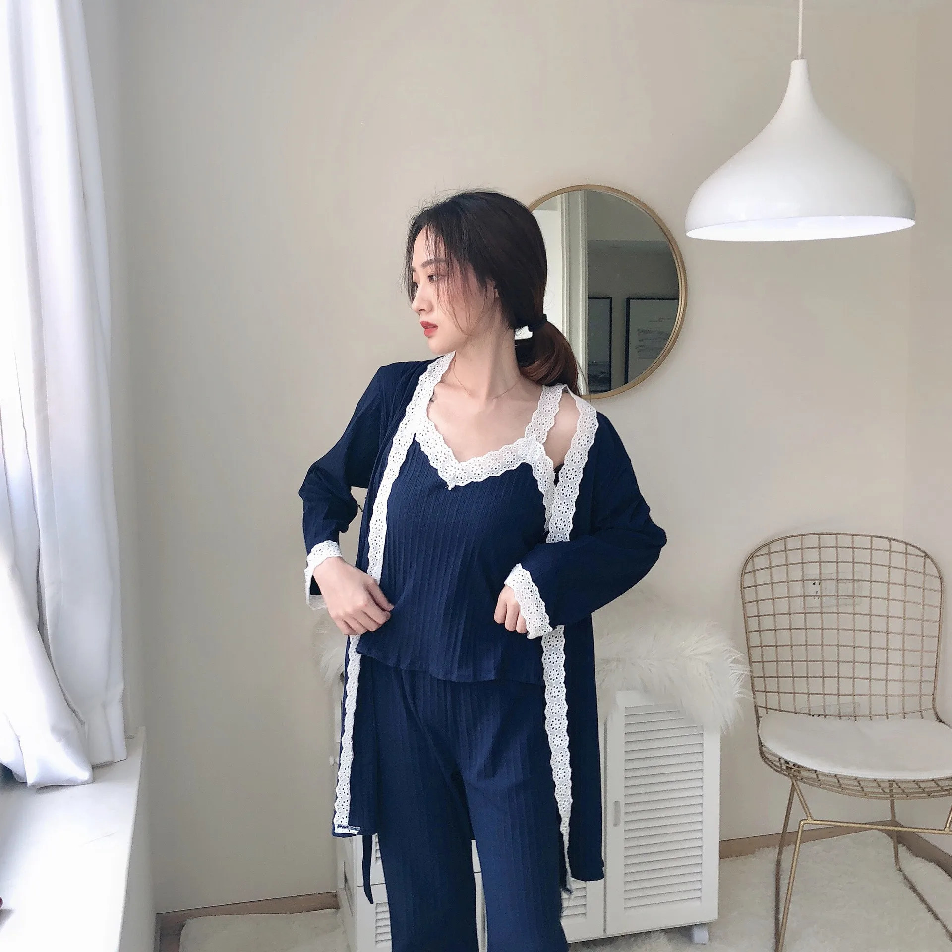 Зимний пижамный комплект женская теплая Пижама хлопковая кружевная ночная