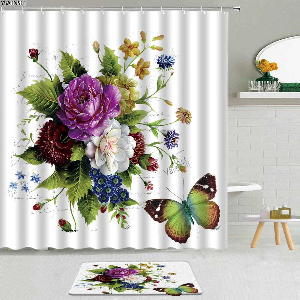 

2Pcs Flower Plant Butterfly Shower Curtain Sunflower Toucan Palm Leaf Lavender Bathroom Non-Slip Bath Mat Hanging Curtains Set