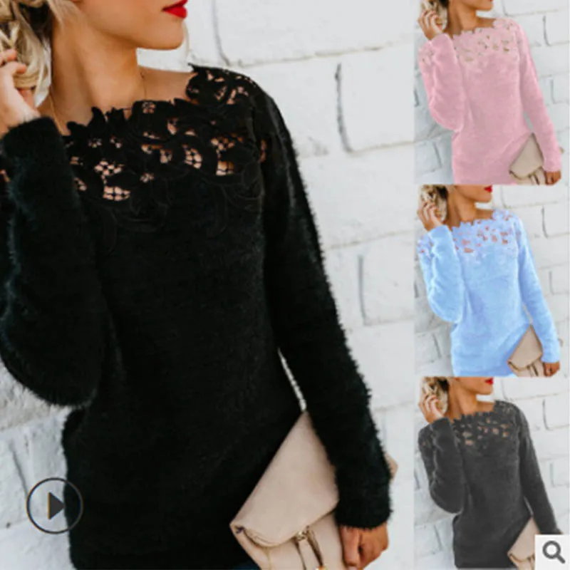 

2021 Autumn and winter women's pure color stitching lace long sleeve sweater Vestidos