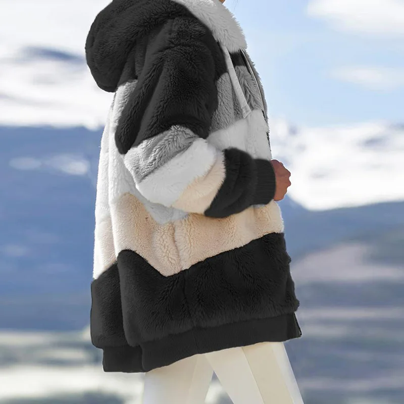 

2020 Women Jackets Winter Coat Jacket Outwear Patchwork Hooded Jacket Faux Fur Ladies Zipper Loose Oversize Coat with Pocket