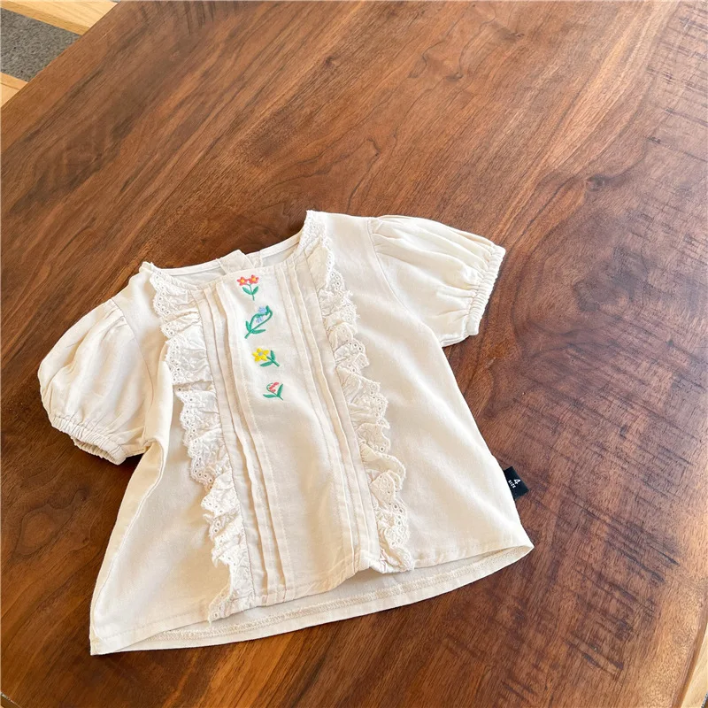 

Children's Wear 2021 Summer Embroidered Cotton Short Sleeved Girls Shirt Kids Korean Joker Top