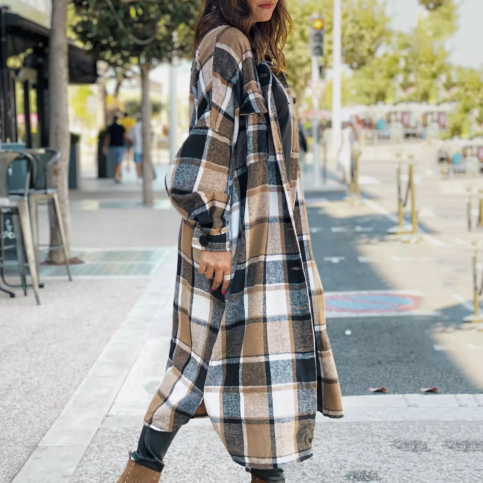 Женская длинная рубашка в клетку стильная клетчатая куртка с отложным