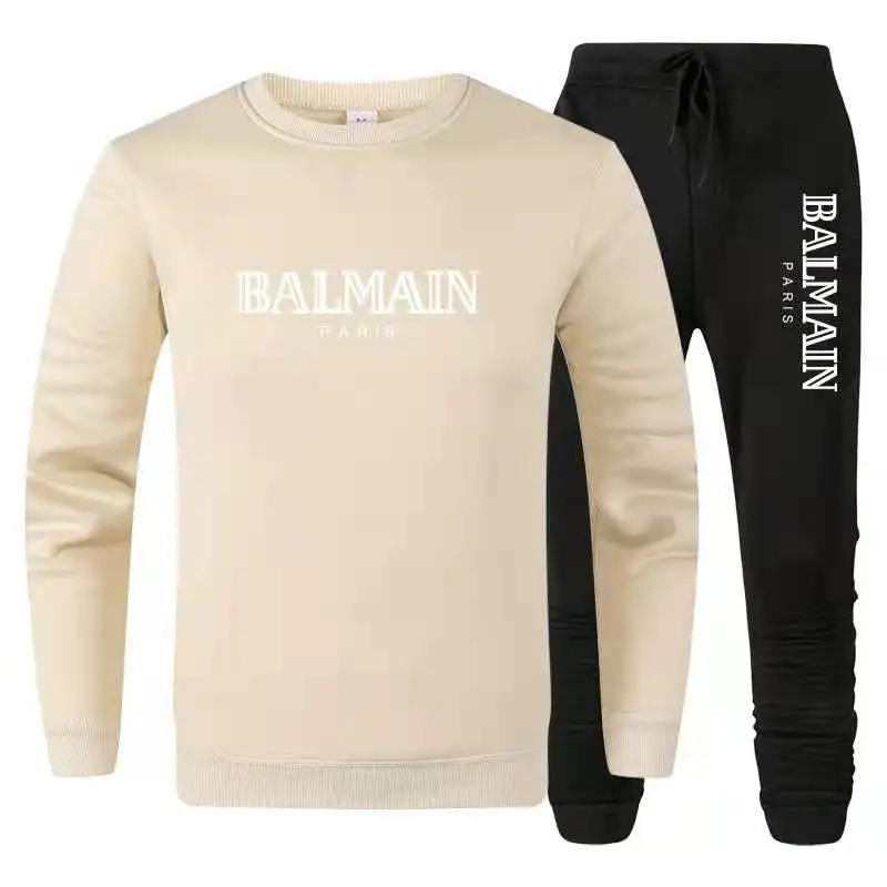 

Round neck hoodless sportswear fashion solid color men's sweatshirt + sweatpants spring and autumn fleece sweater 2-piece set