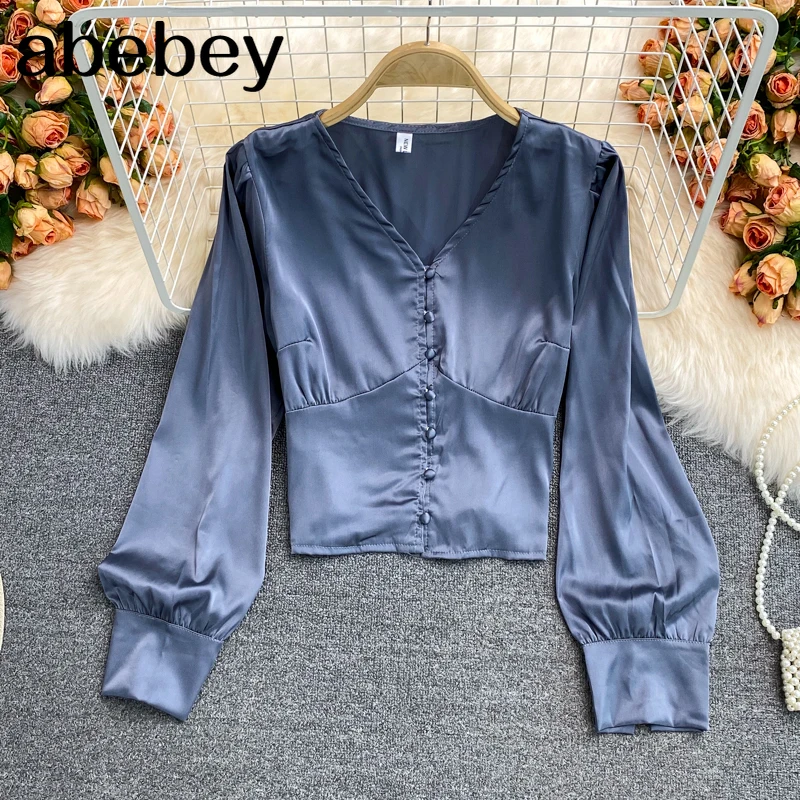 

2021 New Summer French versatile V-Neck long sleeve Shirt single breasted high waist pleated solid short Shirt Top