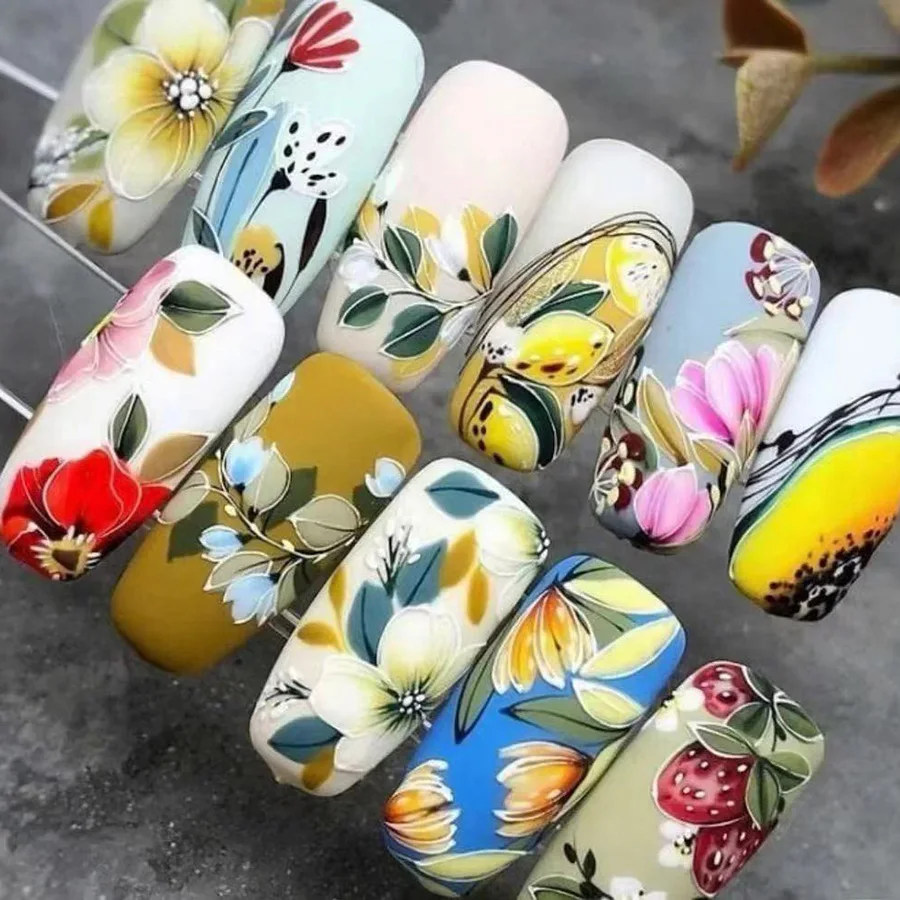 5D акриловые гравированные наклейки для ногтей тисненые Красочные Цветочные